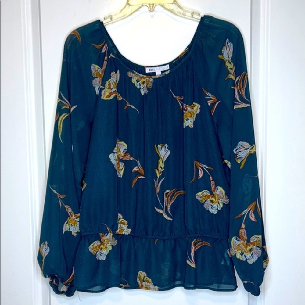DR2 Dark Teal Blue Puff Sleeve Peplum Floral Blouse size Large - Picture 1 of 10